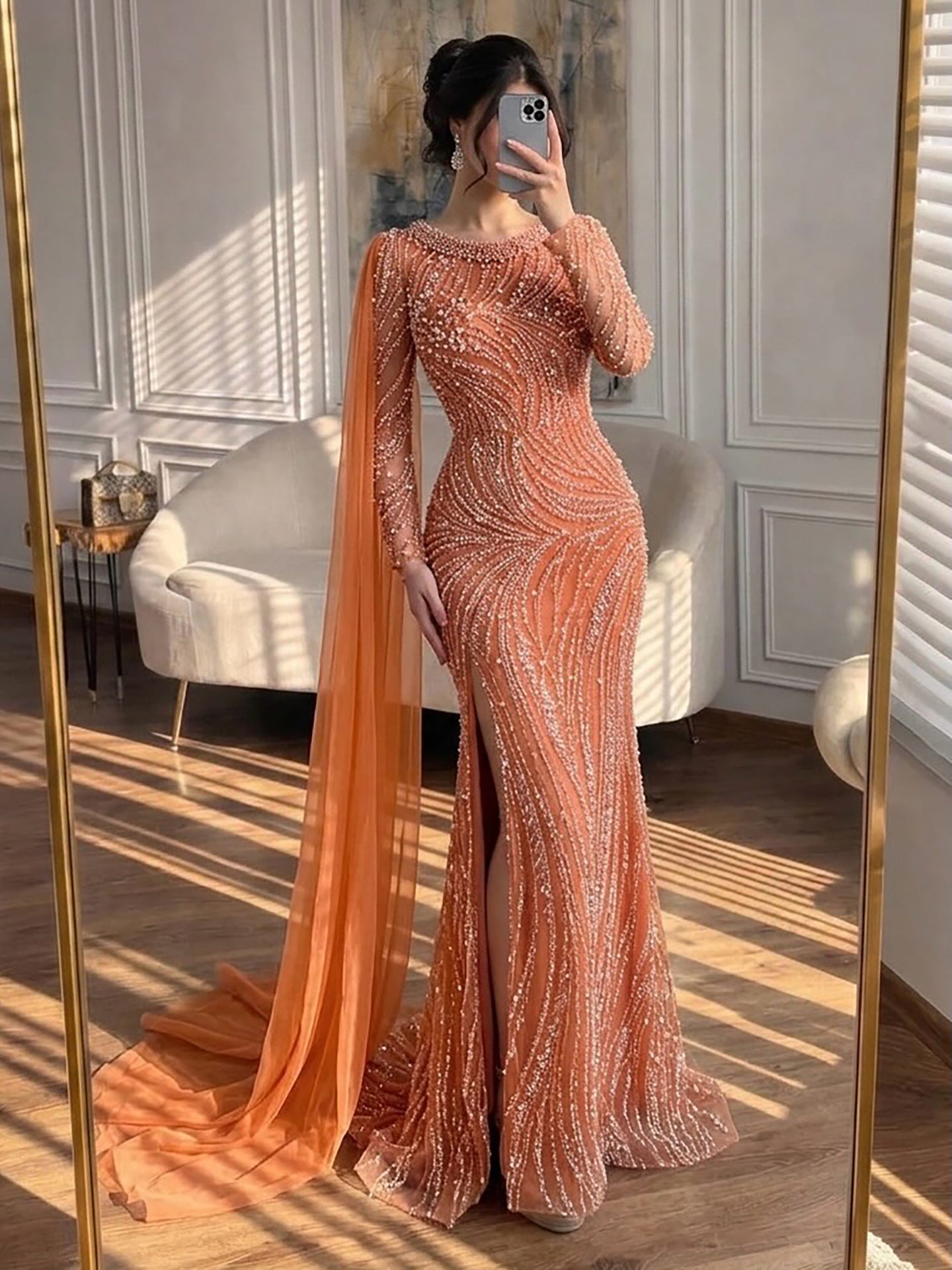 uxury Orange Beaded Pearl Mermaid Evening Dress With Cloak Split LA72268A SERENE HILL uxury Orange Beaded Pearl Mermaid Evening Dress With Cloak Split LA72268A SERENE HILL