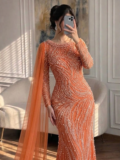 uxury Orange Beaded Pearl Mermaid Evening Dress With Cloak Split LA72268A
