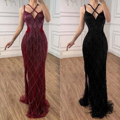 Luxury Gold Luxury Beaded Tassel Spaghetti Strap Mermaid Dress LA72280
