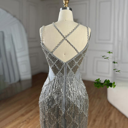 Luxury Gold Luxury Beaded Tassel Spaghetti Strap Mermaid Dress LA72280