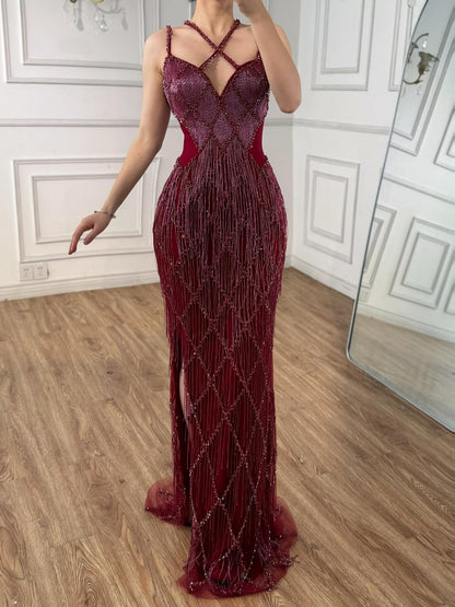Luxury Gold Luxury Beaded Tassel Spaghetti Strap Mermaid Dress LA72280