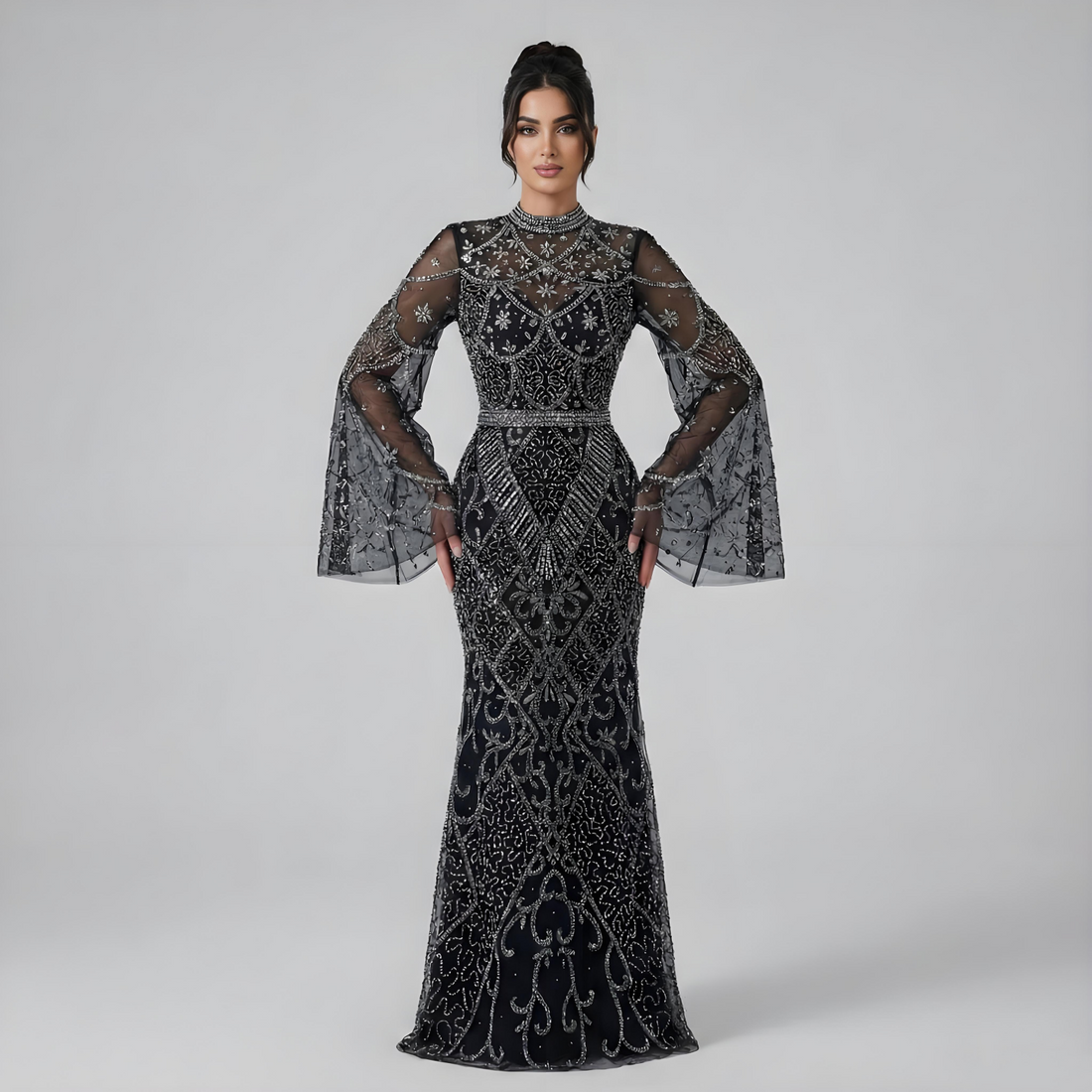 Luxury Dubai Muslim Black Mermaid Elegant Bell Sleeve Beaded Luxury Dubai Long Evening Dress for Formal Occasion LA72316A - SERENE HILL
