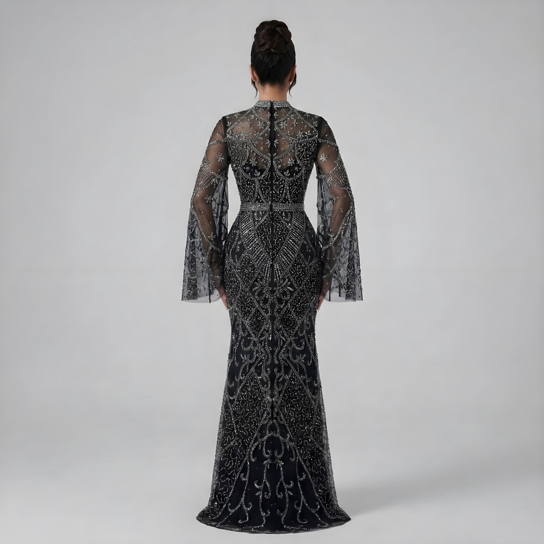 Luxury Dubai Muslim Black Mermaid Elegant Bell Sleeve Beaded Luxury Dubai Long Evening Dress for Formal Occasion LA72316A - SERENE HILL