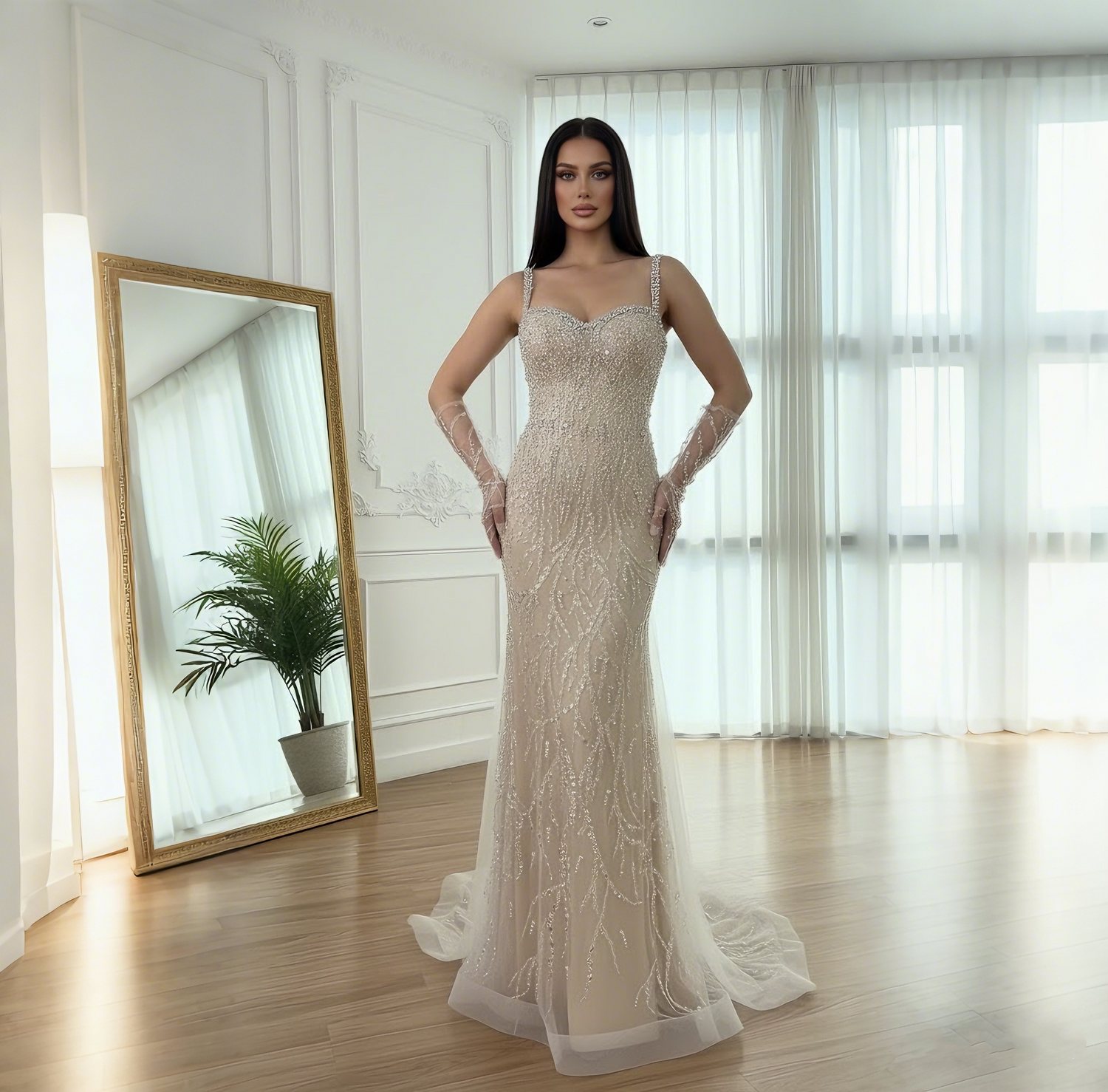 Luxury Lace Pearls Mermaid Evening Dress With Glove White Nude LA72345E - SERENE HILL