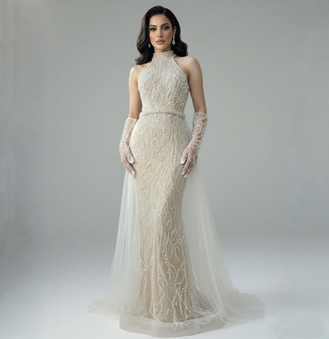 Luxury Lace Pearls Halter Mermaid Evening Dress With Glove White Nude LA72345F - SERENE HILL