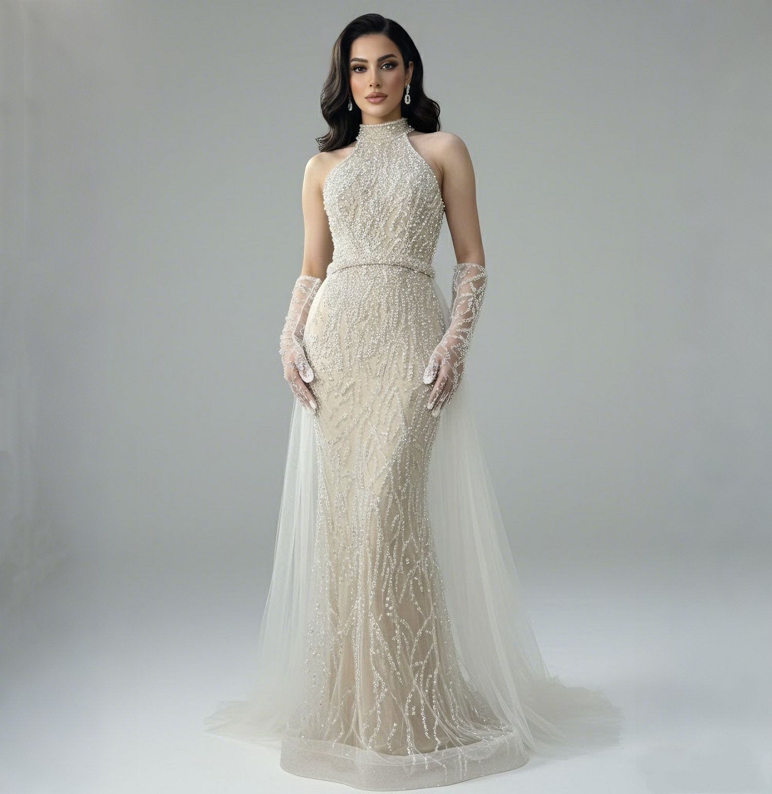 Luxury Lace Pearls Halter Mermaid Evening Dress With Glove White Nude LA72345F - SERENE HILL