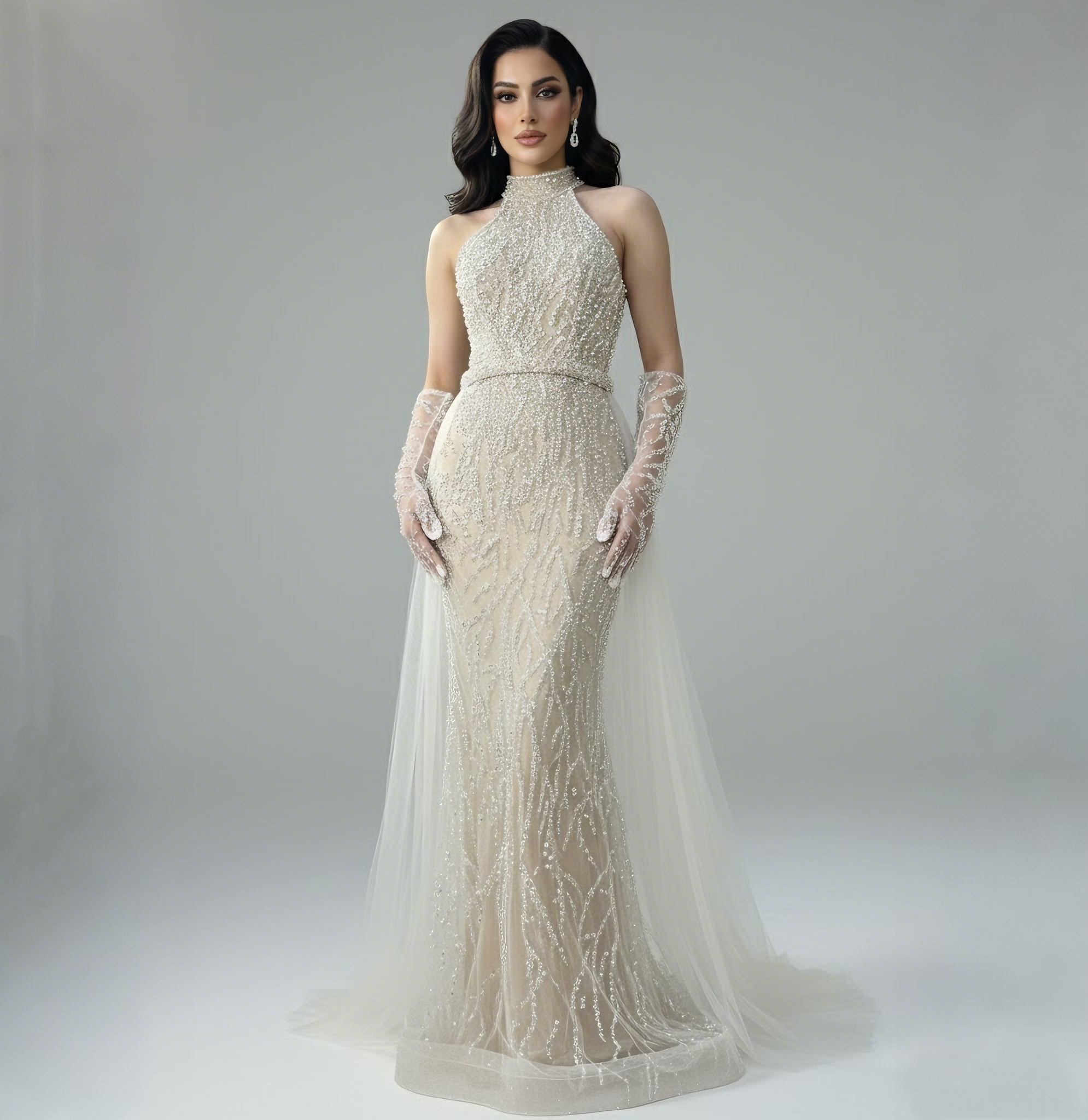 Luxury Lace Pearls Halter Mermaid Evening Dress With Glove White Nude LA72345F - SERENE HILL