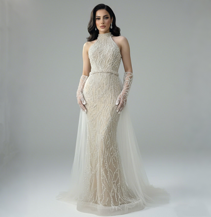 Luxury Lace Pearls Halter Mermaid Evening Dress With Glove White Nude LA72345F - SERENE HILL