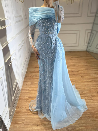Luxury Designer Nude Crystal Mermaid Evening Dress with Overskirt LA72348