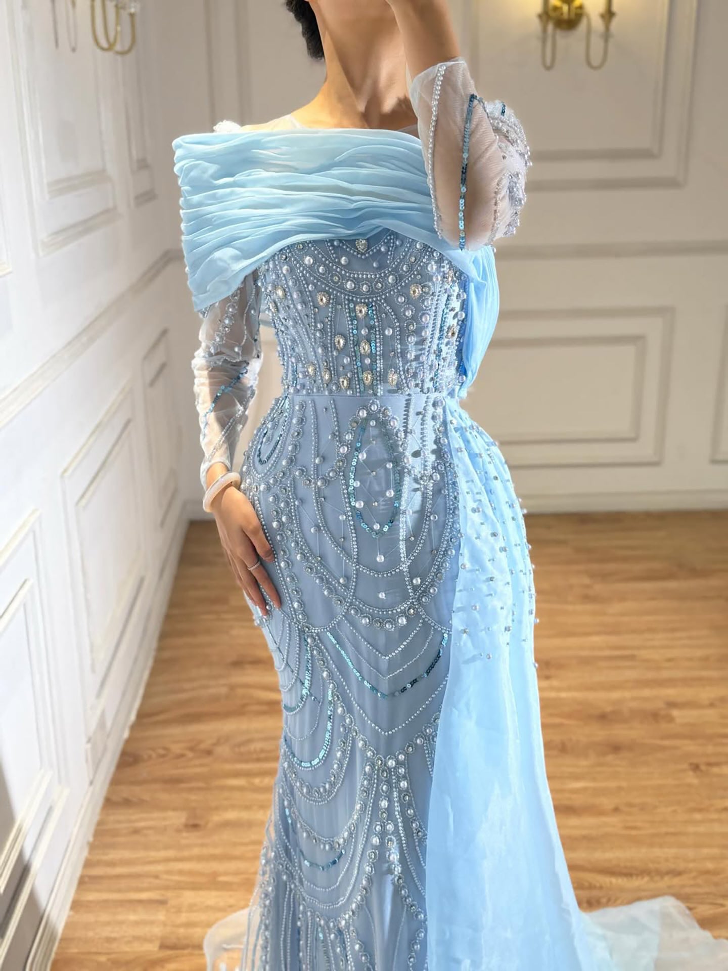 Luxury Designer Nude Crystal Mermaid Evening Dress with Overskirt LA72348