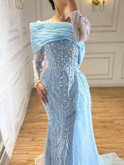 Luxury Designer Nude Crystal Mermaid Evening Dress with Overskirt LA72348