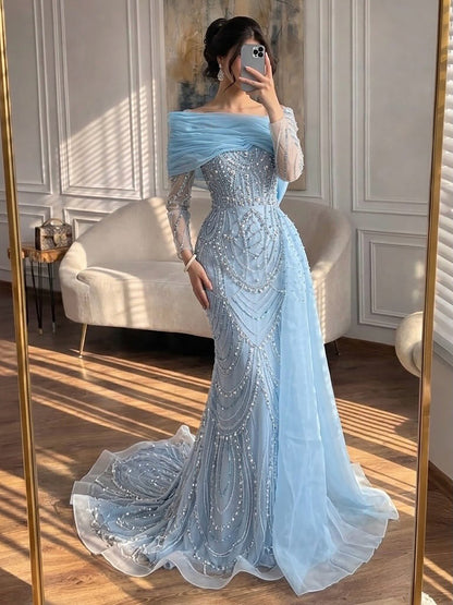 Luxury Designer Nude Crystal Mermaid Evening Dress with Overskirt LA72348