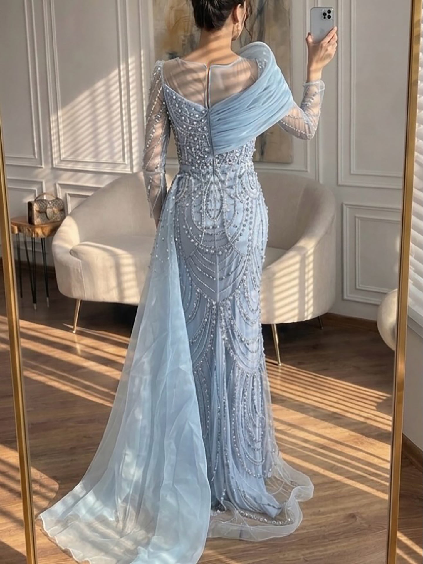 Luxury Designer Nude Crystal Mermaid Evening Dress with Overskirt LA72348