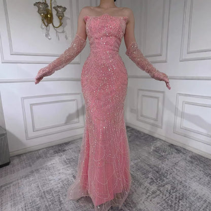 Luxury Pearls Green Mermaid Evening Dress With Gloves Plush Size LA72352