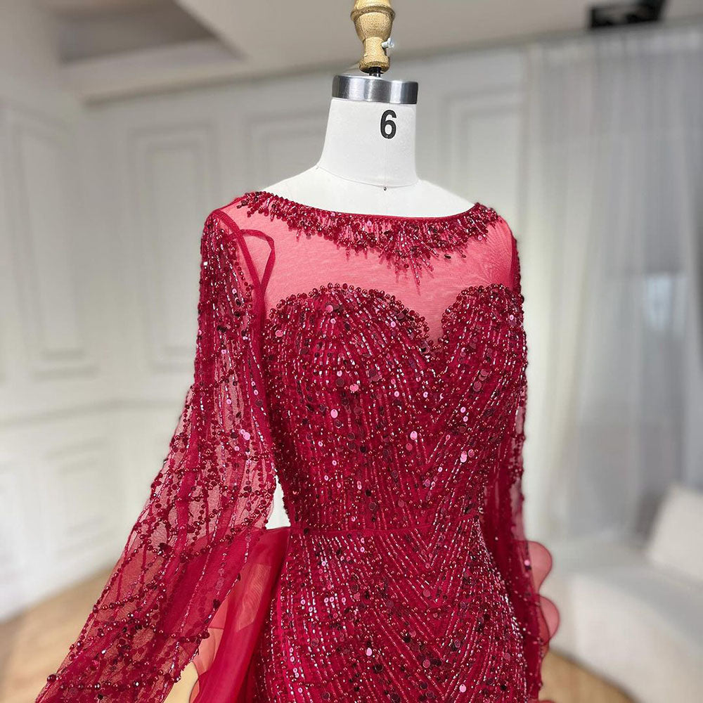 Luxury Fuchsia Beaded Mermaid Evening Dress With Overskirt LA72379 - SERENE  HILL
