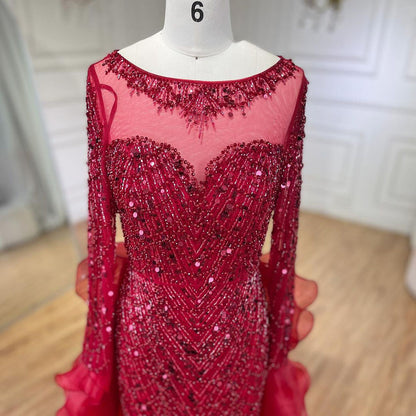 Luxury Fuchsia Beaded Mermaid Evening Dress With Overskirt LA72379 - SERENE  HILL