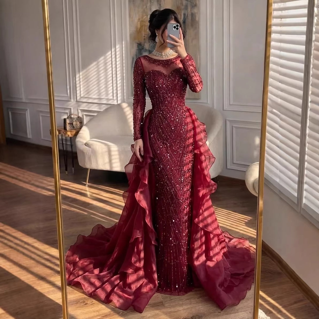 Luxury Fuchsia Beaded Mermaid Evening Dress With Overskirt LA72379 - SERENE  HILL