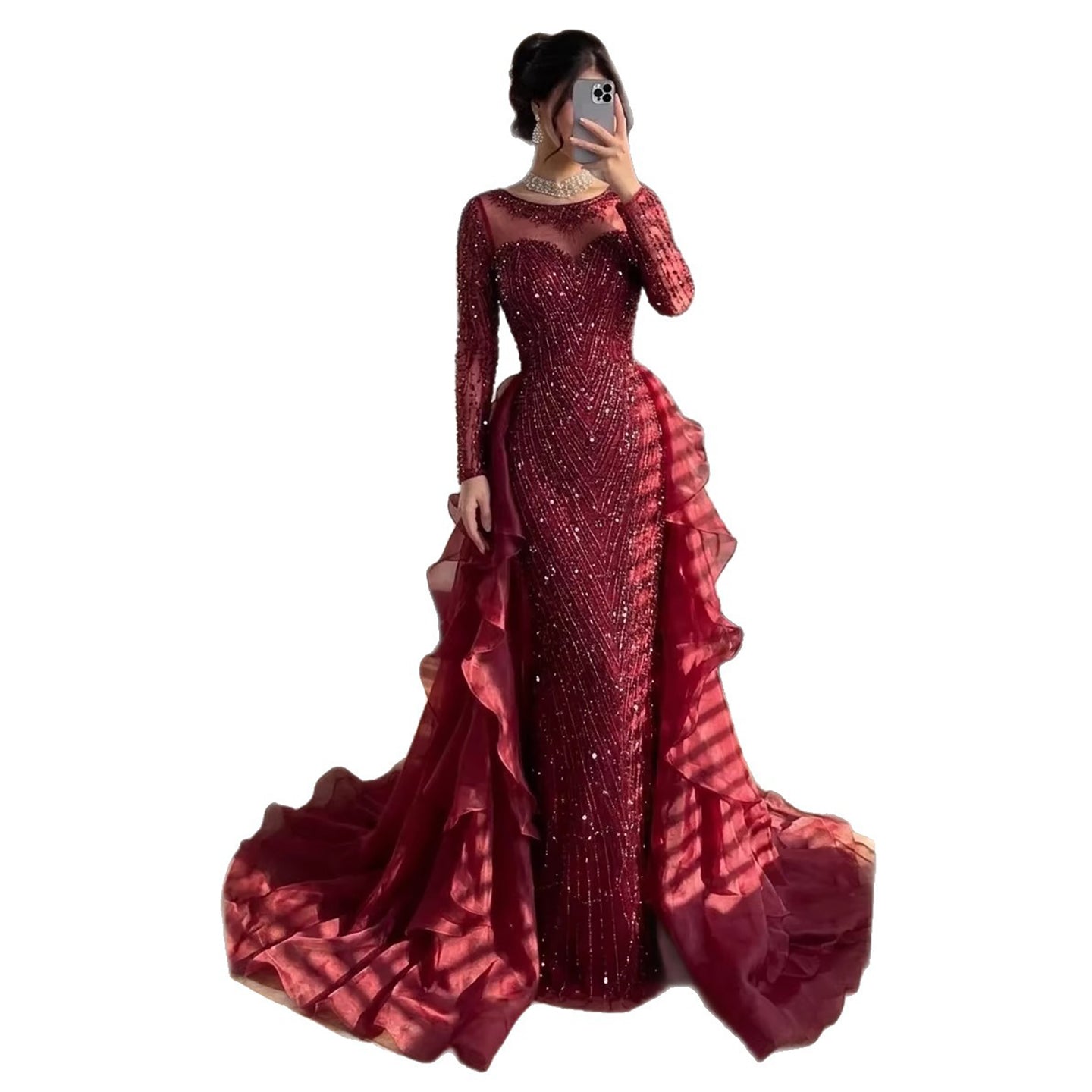 Luxury Fuchsia Beaded Mermaid Evening Dress With Overskirt LA72379 - SERENE  HILL