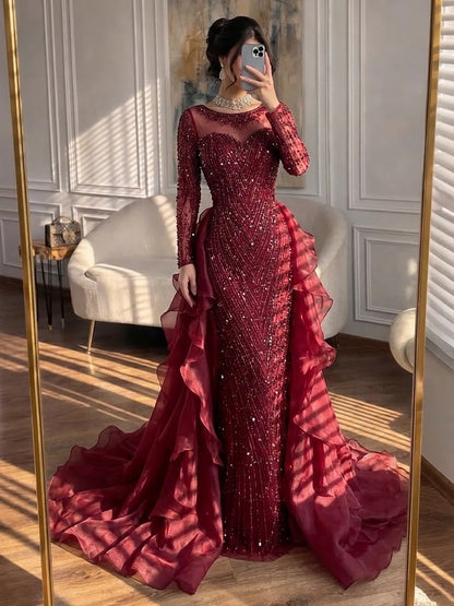 Luxury Fuchsia Beaded Mermaid Evening Dress With Overskirt LA72379 - SERENE  HILL