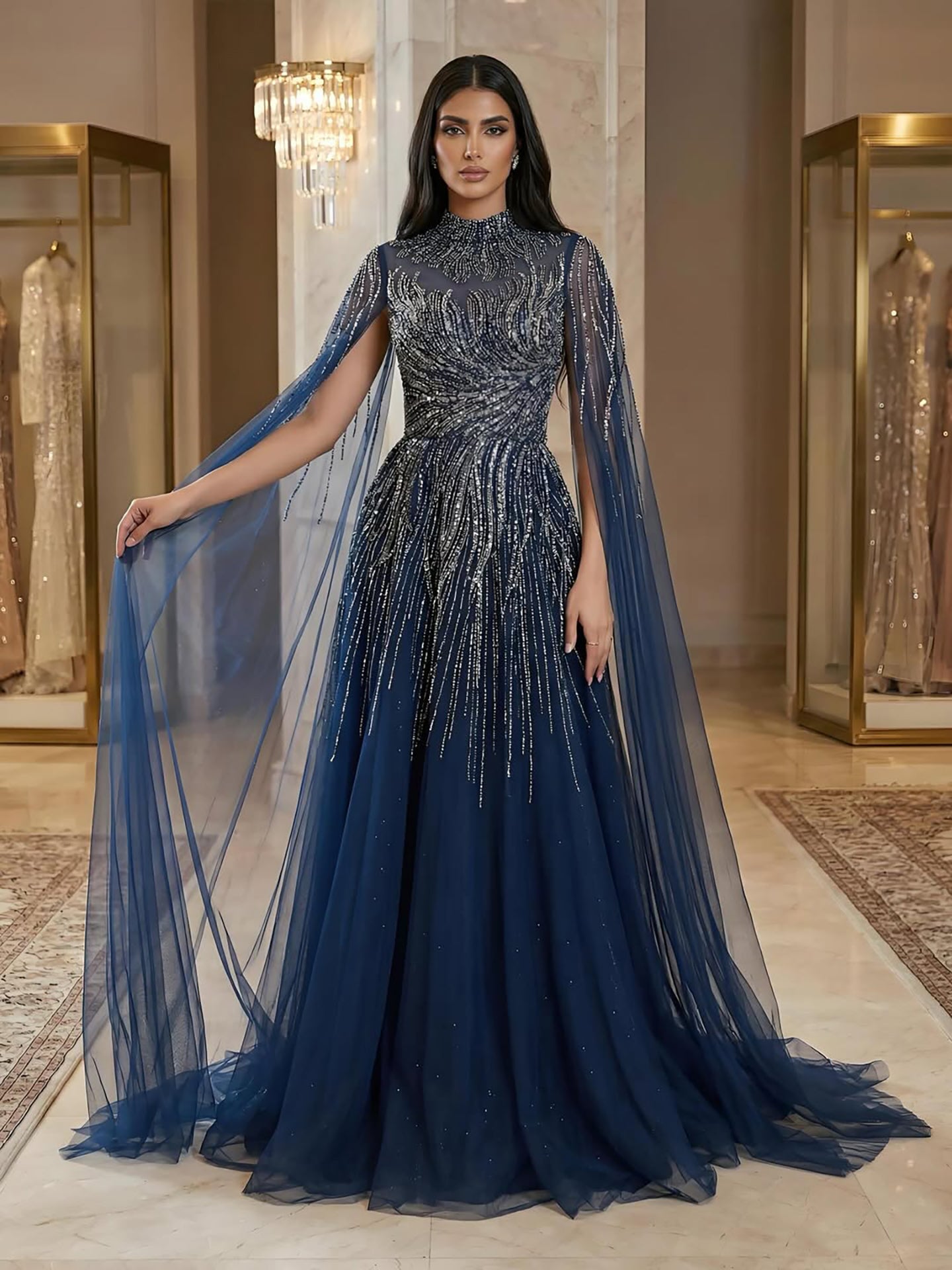 Luxury Caramel Beaded Lace A Line Evening Dress With Cape Sleeves LA72386 - SERENE  HILL