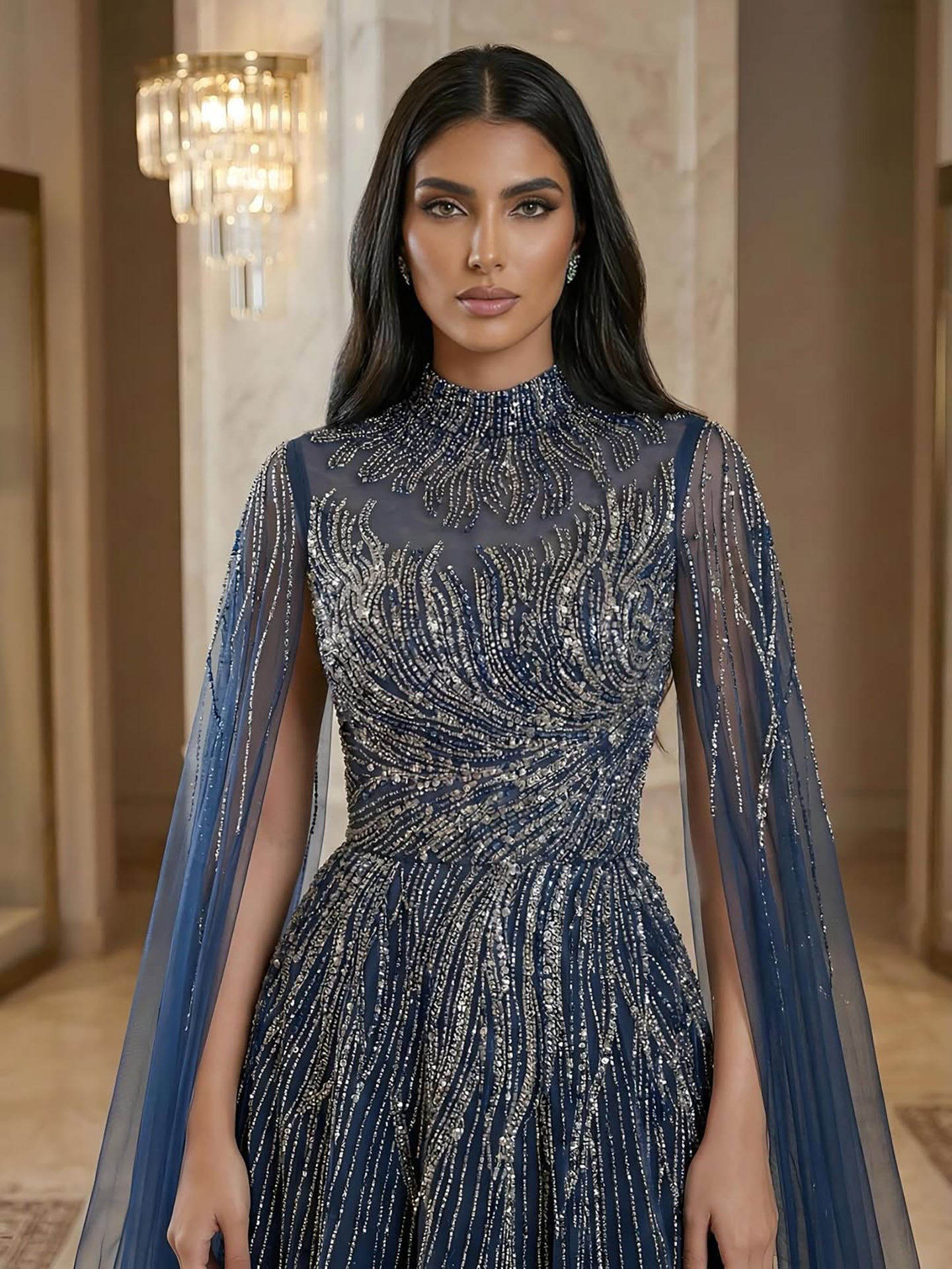 Luxury Caramel Beaded Lace A Line Evening Dress With Cape Sleeves LA72386 - SERENE  HILL
