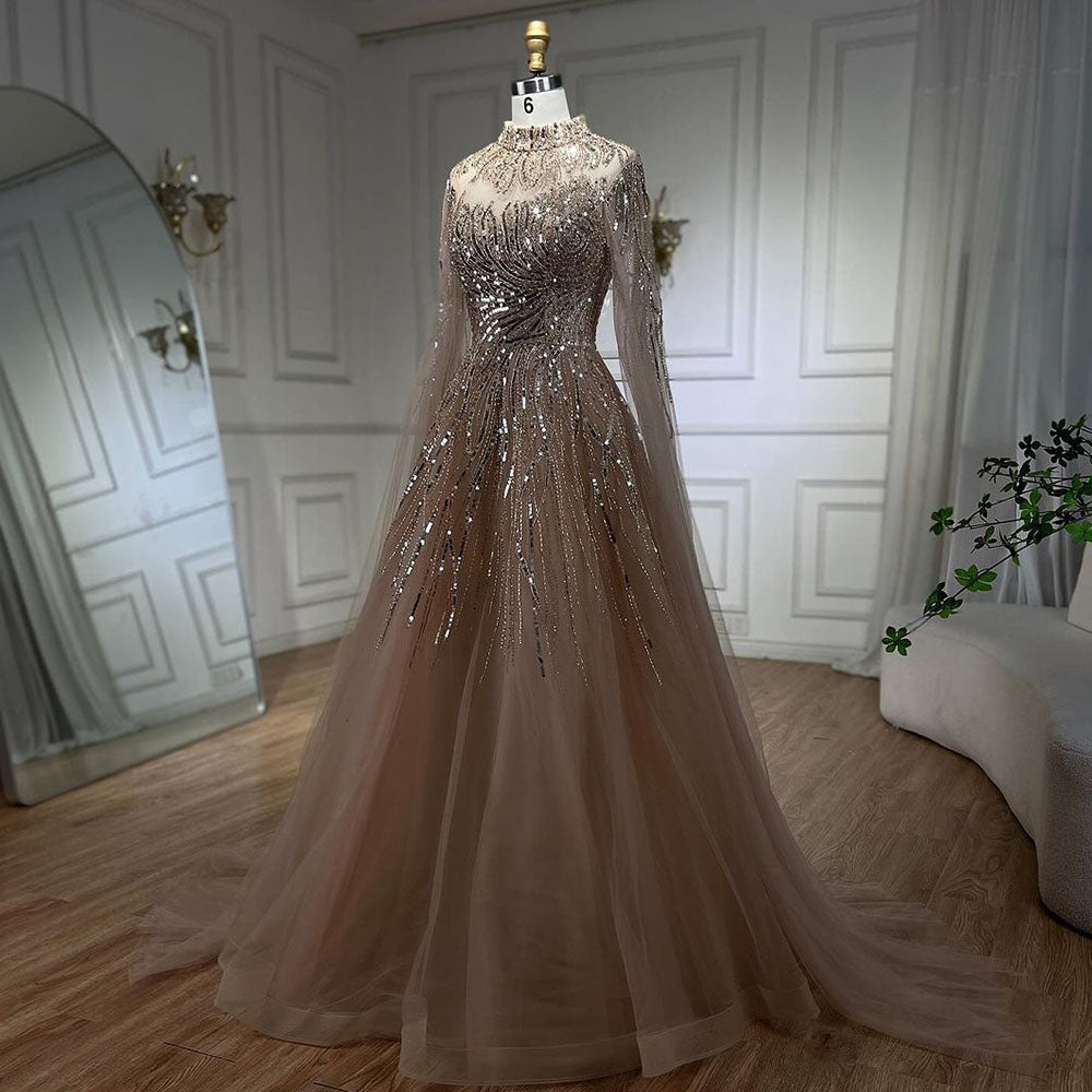 Luxury Caramel Beaded Lace A Line Evening Dress With Cape Sleeves LA72386 - SERENE  HILL
