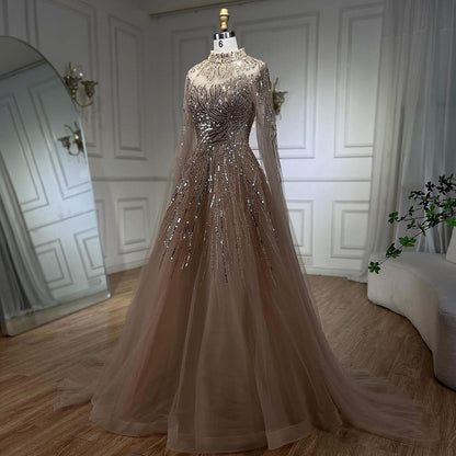 Luxury Caramel Beaded Lace A Line Evening Dress With Cape Sleeves LA72386 - SERENE  HILL