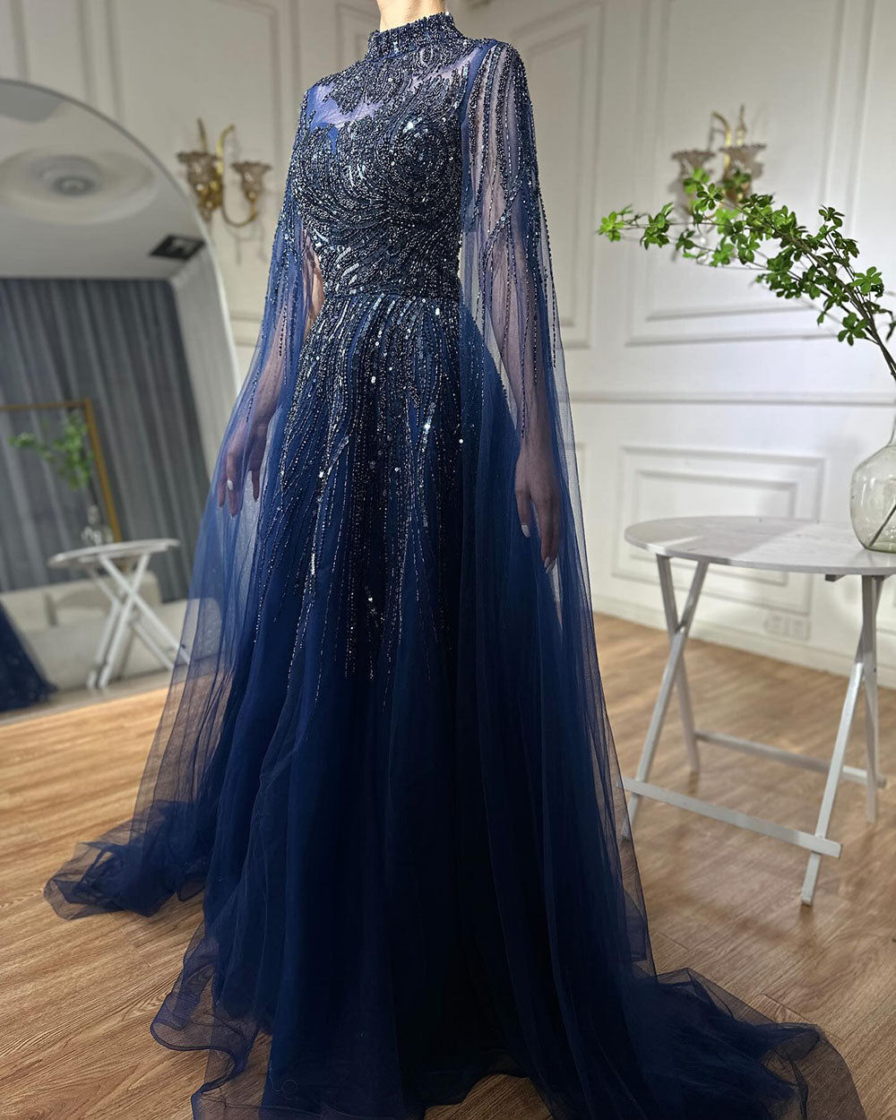 Luxury Caramel Beaded Lace A Line Evening Dress With Cape Sleeves LA72386 - SERENE  HILL