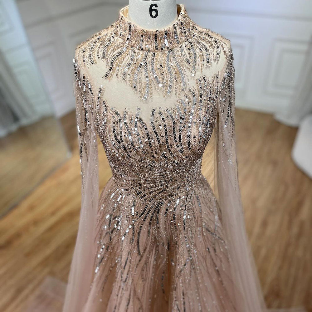 Luxury Caramel Beaded Lace A Line Evening Dress With Cape Sleeves LA72386 - SERENE  HILL