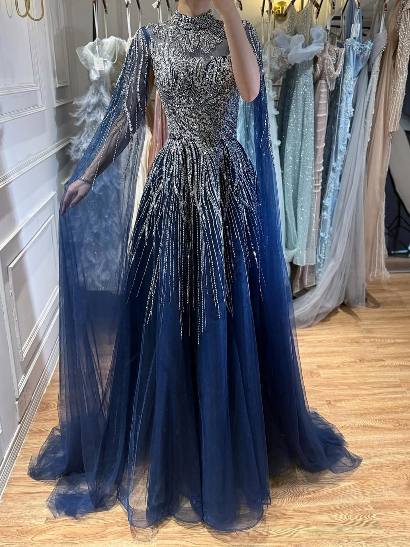 Luxury Caramel Beaded Lace A Line Evening Dress With Cape Sleeves LA72386 - SERENE  HILL