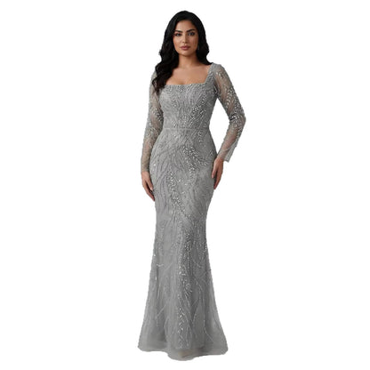 Saudi Arabic Luxury Sage Green Beaded Long Sleeves Mermaid Evening Dress LA72413B