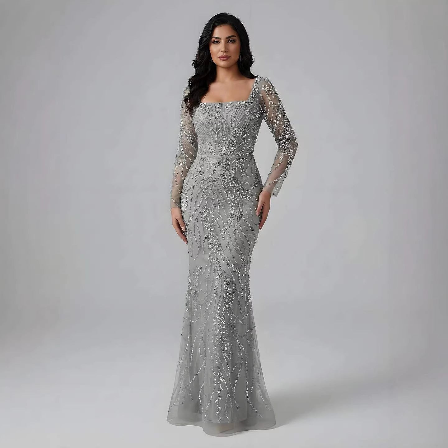Saudi Arabic Luxury Sage Green Beaded Long Sleeves Mermaid Evening Dress LA72413B