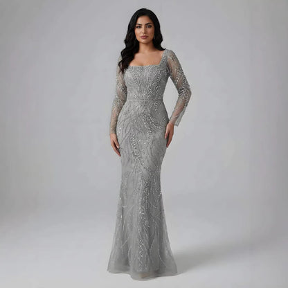 Saudi Arabic Luxury Sage Green Beaded Long Sleeves Mermaid Evening Dress LA72413B