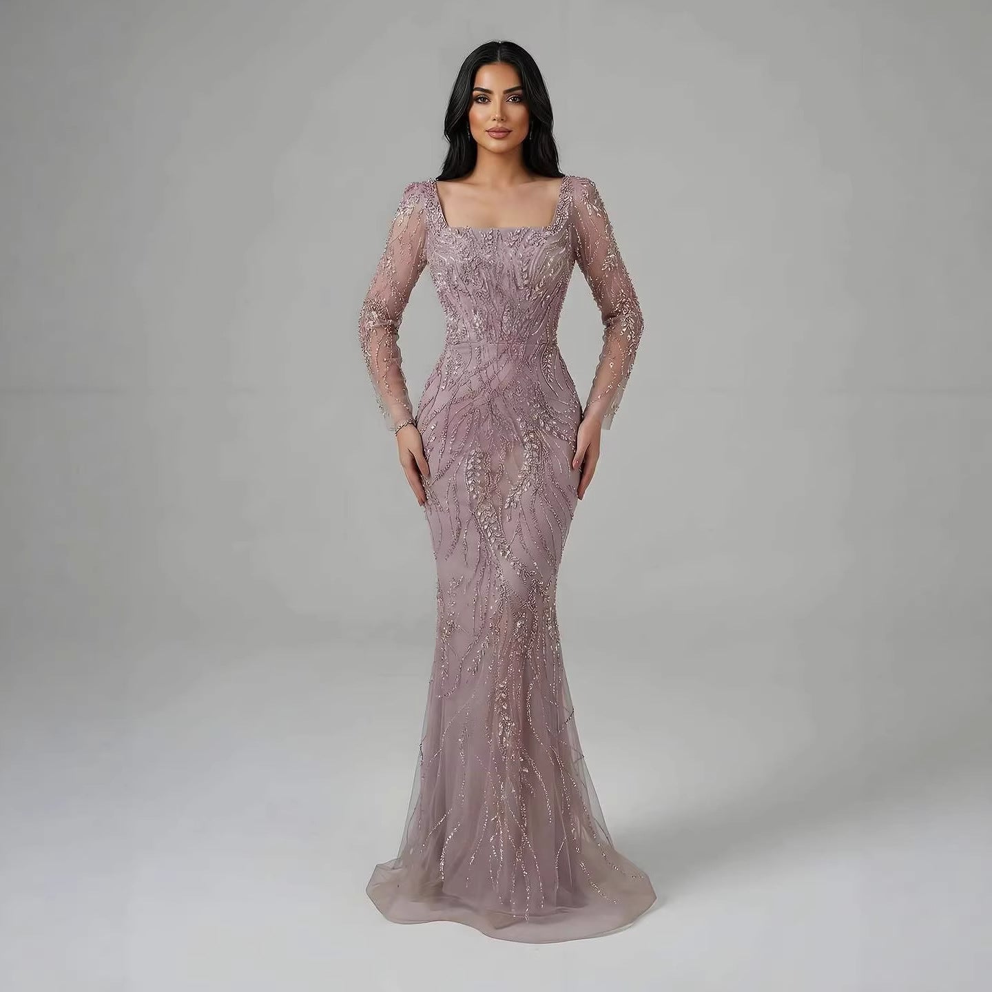 Saudi Arabic Luxury Sage Green Beaded Long Sleeves Mermaid Evening Dress LA72413B
