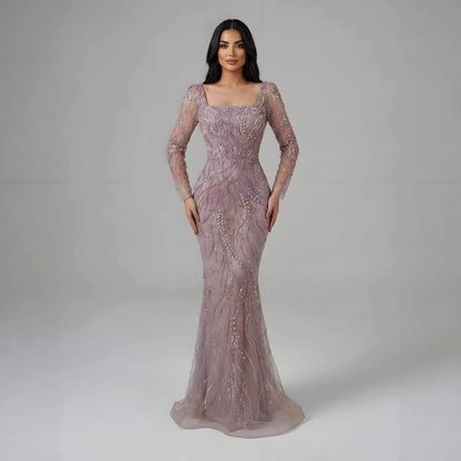 Saudi Arabic Luxury Sage Green Beaded Long Sleeves Mermaid Evening Dress LA72413B