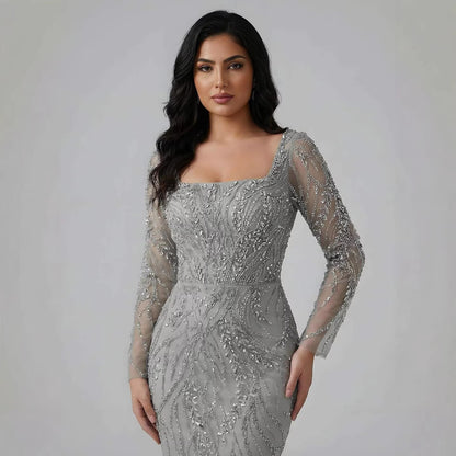 Saudi Arabic Luxury Sage Green Beaded Long Sleeves Mermaid Evening Dress LA72413B