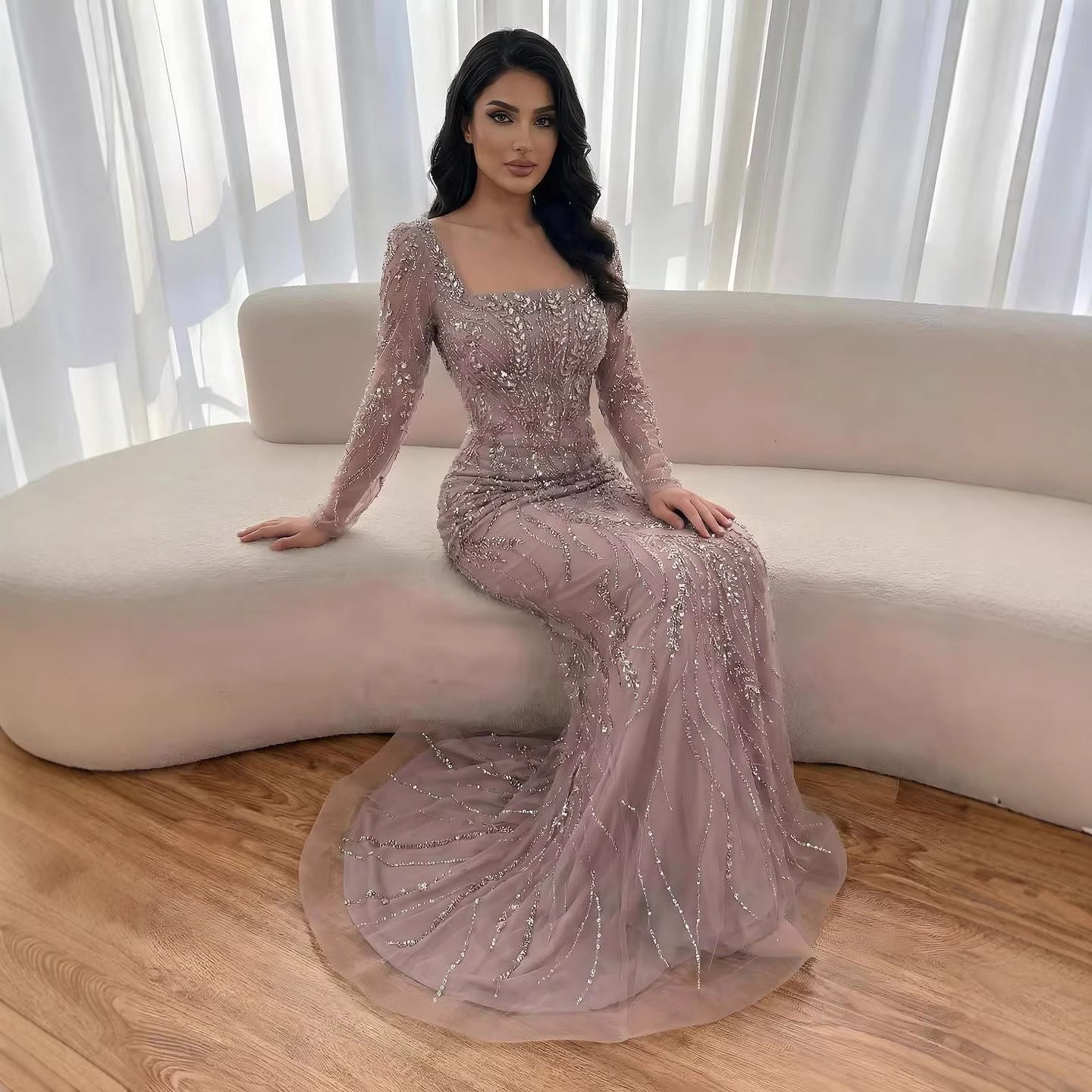 Saudi Arabic Luxury Sage Green Beaded Long Sleeves Mermaid Evening Dress LA72413B