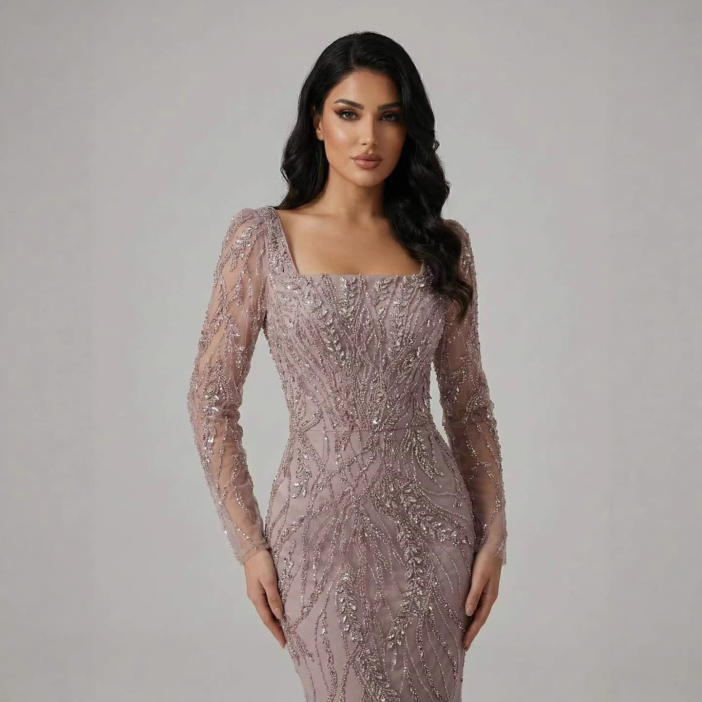 Saudi Arabic Luxury Sage Green Beaded Long Sleeves Mermaid Evening Dress LA72413B