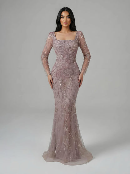 Saudi Arabic Luxury Sage Green Beaded Long Sleeves Mermaid Evening Dress LA72413B