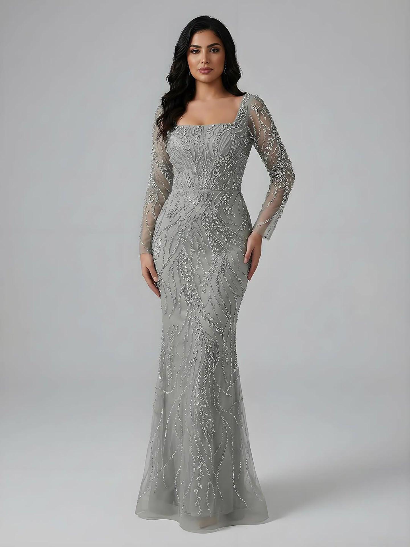 Saudi Arabic Luxury Sage Green Beaded Long Sleeves Mermaid Evening Dress LA72413B