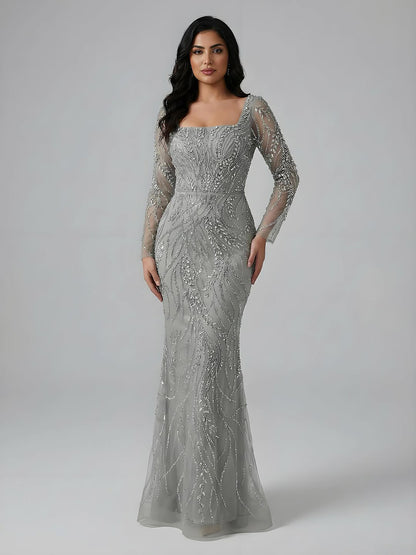 Saudi Arabic Luxury Sage Green Beaded Long Sleeves Mermaid Evening Dress LA72413B
