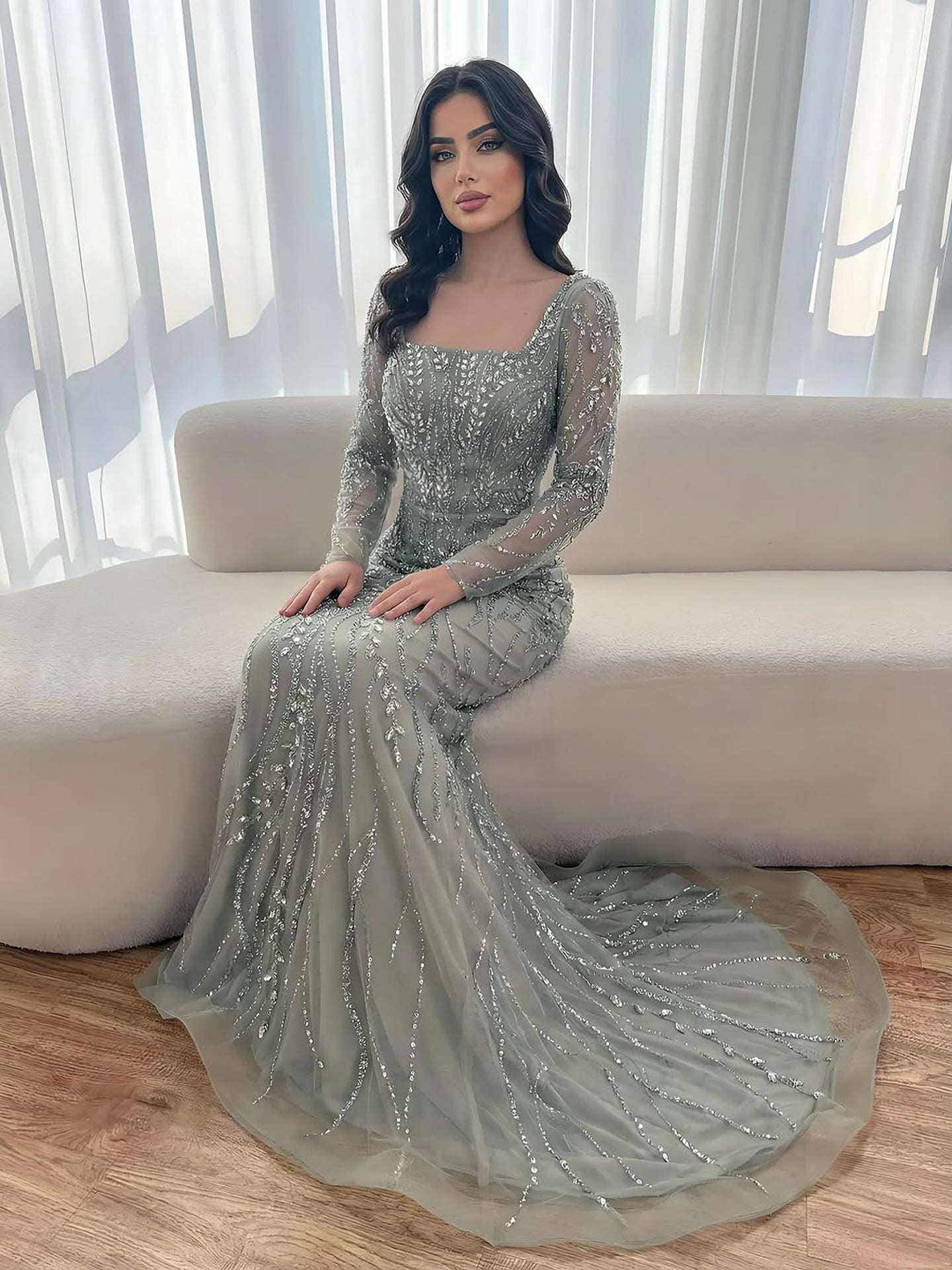Saudi Arabic Luxury Sage Green Beaded Long Sleeves Mermaid Evening Dress LA72413B