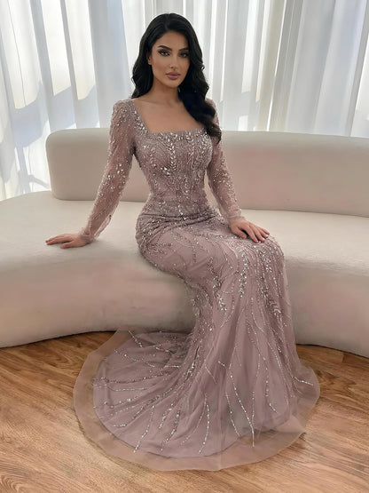 Saudi Arabic Luxury Sage Green Beaded Long Sleeves Mermaid Evening Dress LA72413B
