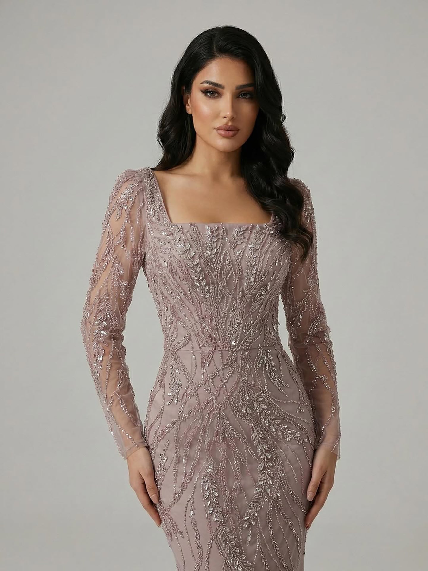 Saudi Arabic Luxury Sage Green Beaded Long Sleeves Mermaid Evening Dress LA72413B