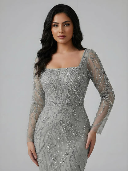 Saudi Arabic Luxury Sage Green Beaded Long Sleeves Mermaid Evening Dress LA72413B