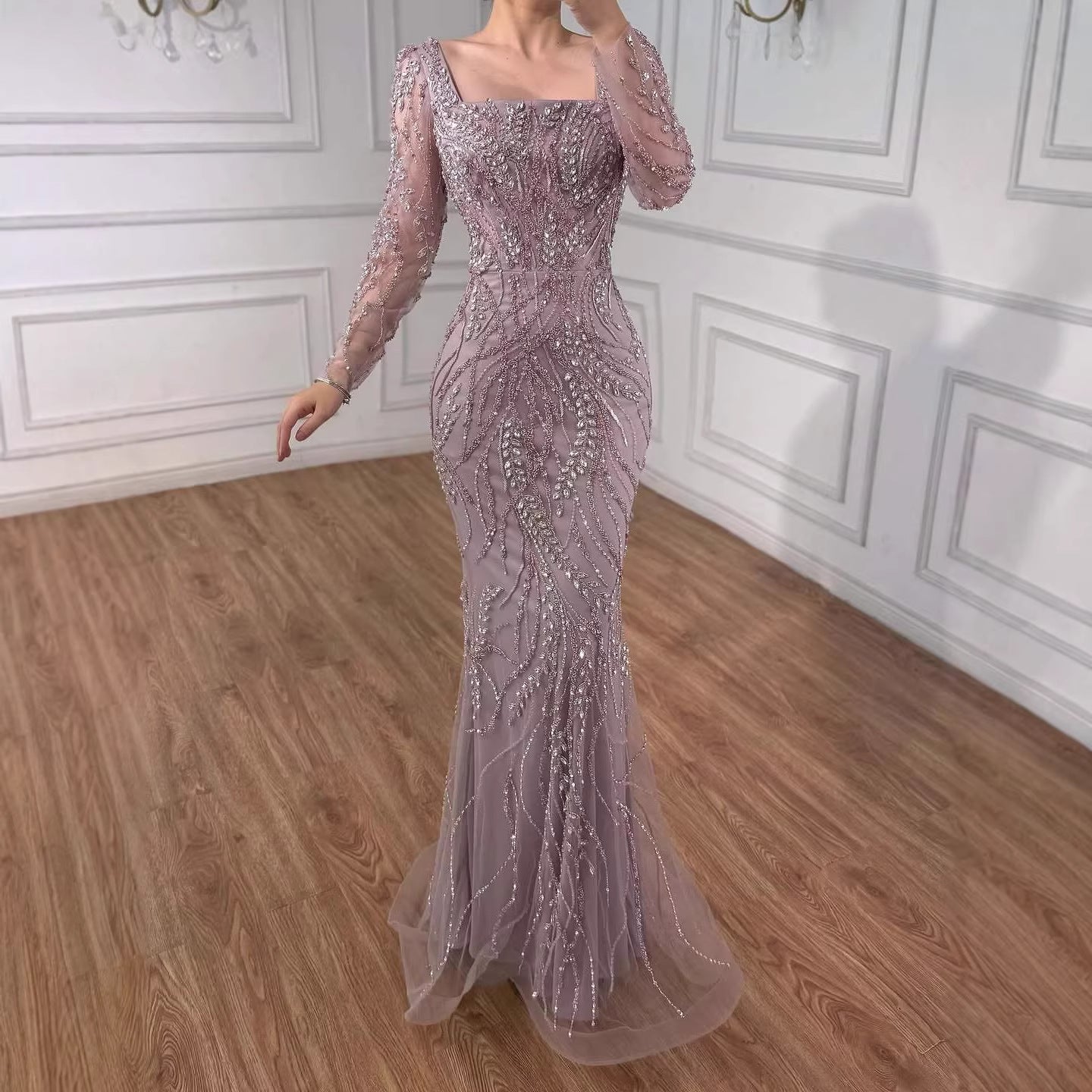 Saudi Arabic Luxury Sage Green Beaded Long Sleeves Mermaid Evening Dress LA72413B