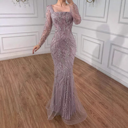 Saudi Arabic Luxury Sage Green Beaded Long Sleeves Mermaid Evening Dress LA72413B
