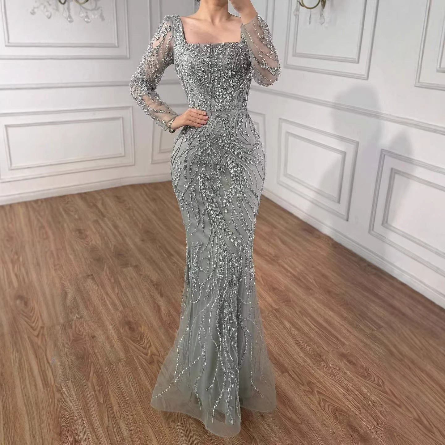 Saudi Arabic Luxury Sage Green Beaded Long Sleeves Mermaid Evening Dress LA72413B