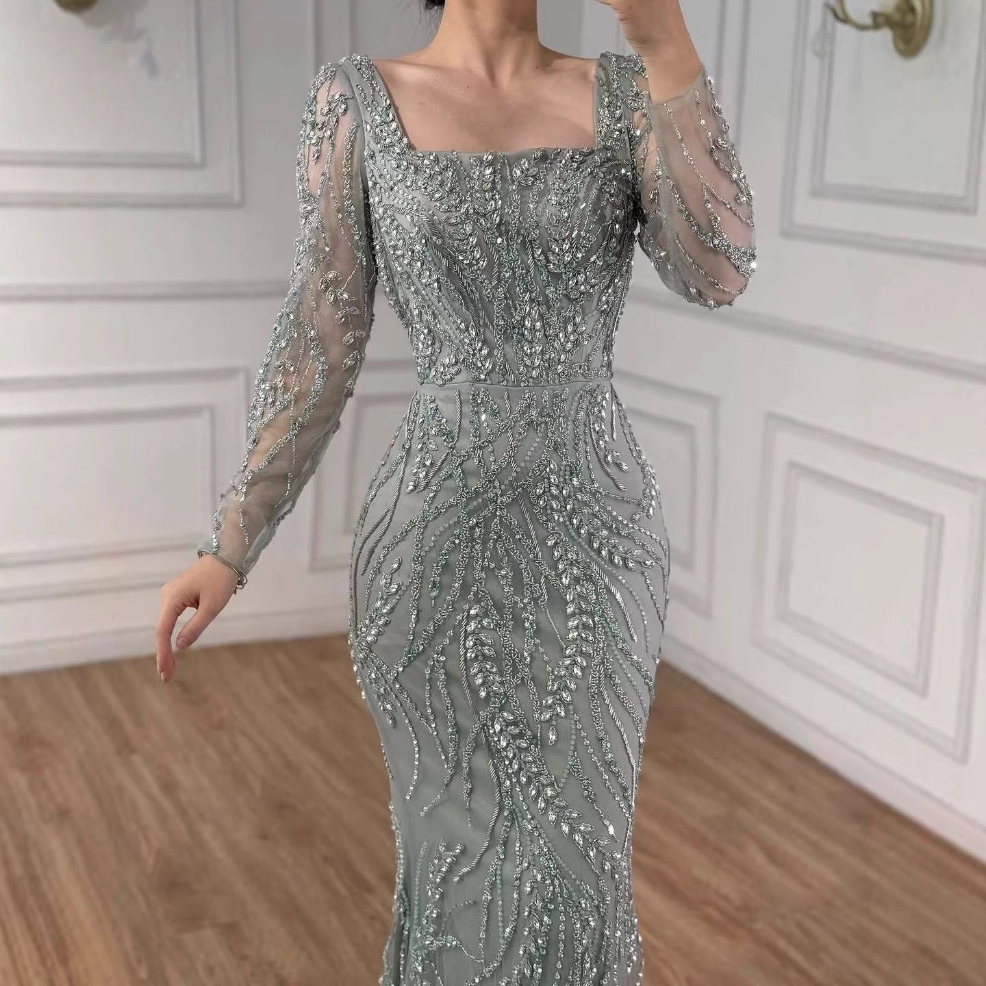 Saudi Arabic Luxury Sage Green Beaded Long Sleeves Mermaid Evening Dress LA72413B