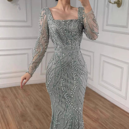 Saudi Arabic Luxury Sage Green Beaded Long Sleeves Mermaid Evening Dress LA72413B